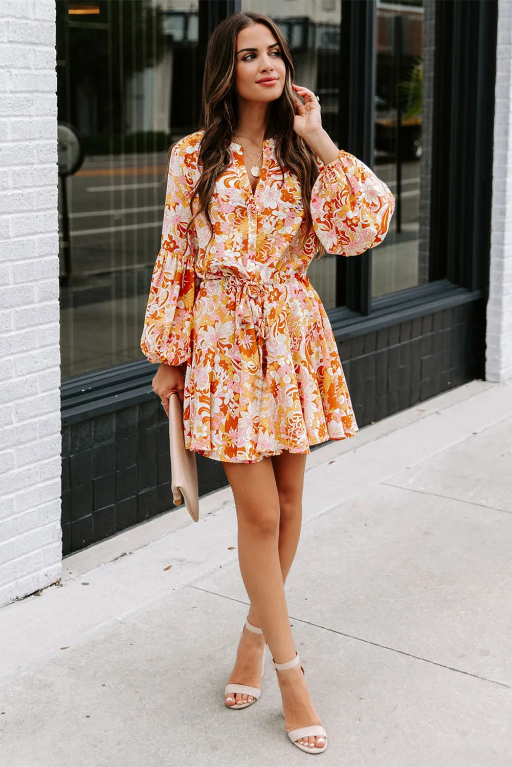 Women's Long Sleeve Ruffle Dress Floral Flowy Boho Mini Short Beach Dress
