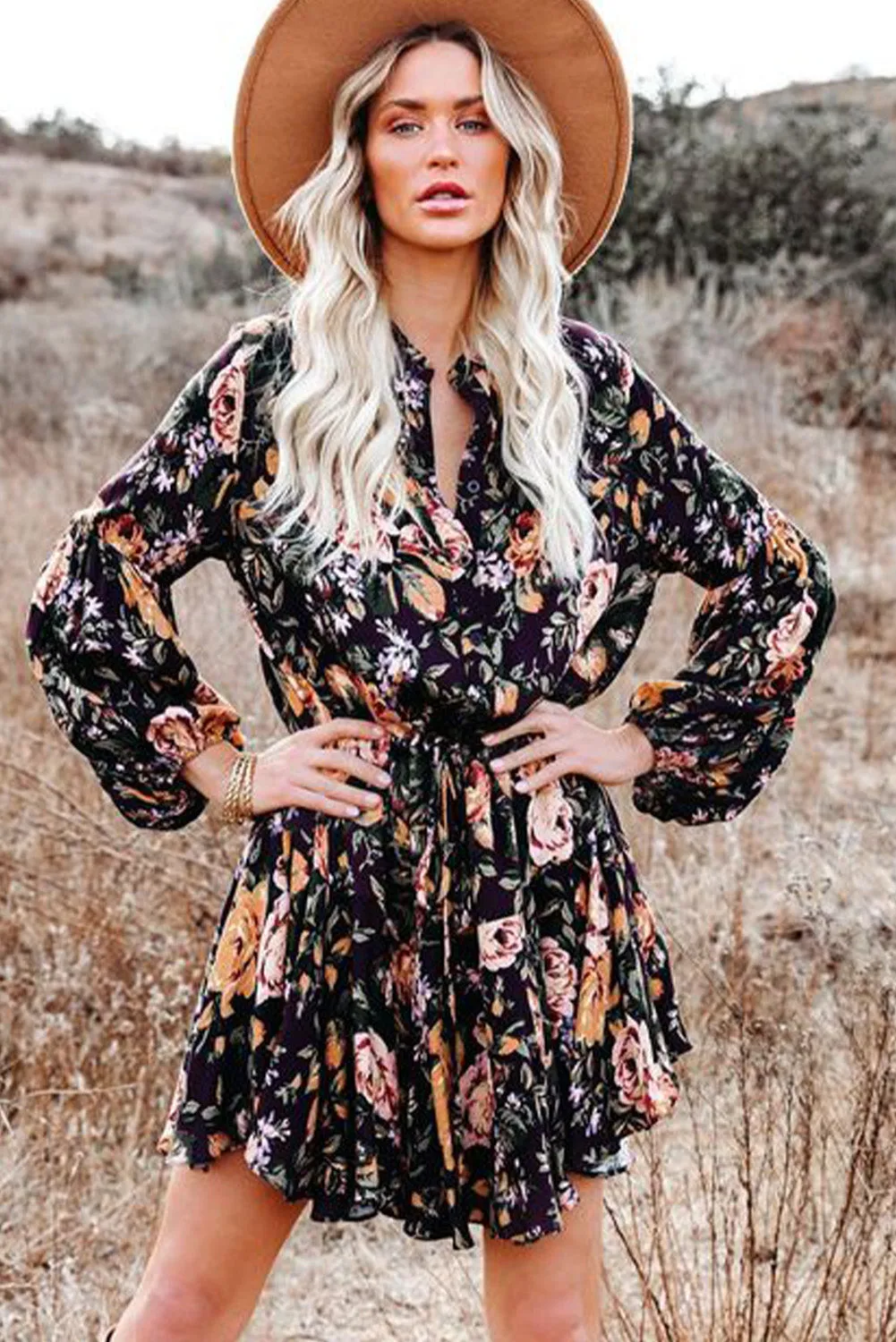 Women's Long Sleeve Ruffle Dress Floral Flowy Boho Mini Short Beach Dress