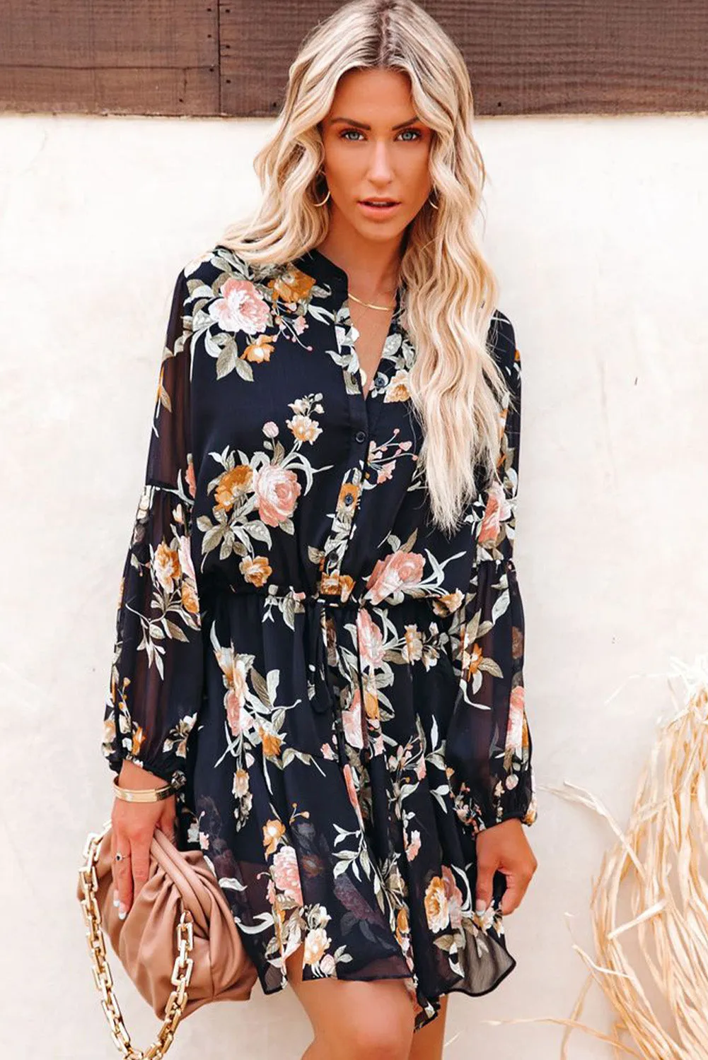 Women's Long Sleeve Ruffle Dress Floral Flowy Boho Mini Short Beach Dress