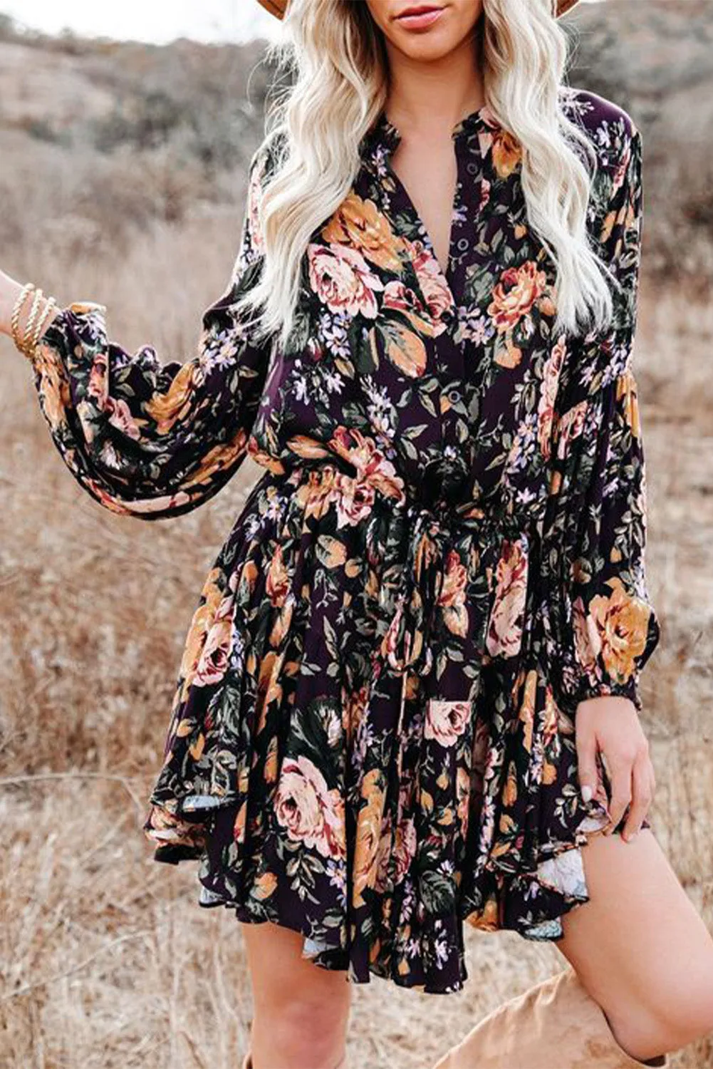 Women's Long Sleeve Ruffle Dress Floral Flowy Boho Mini Short Beach Dress