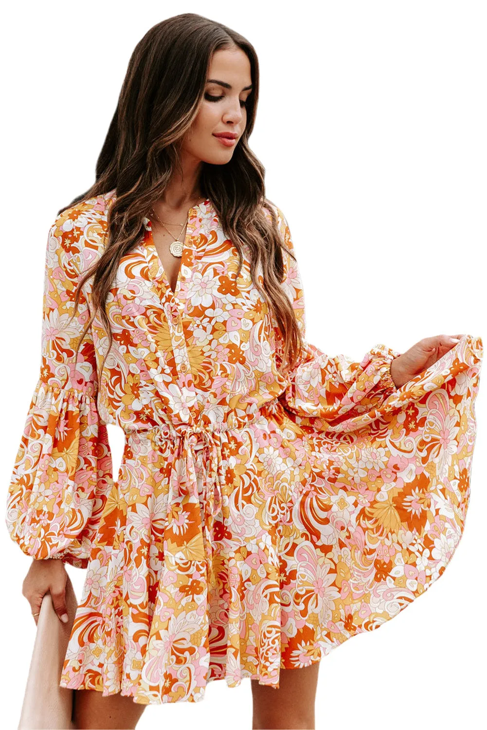 Women's Long Sleeve Ruffle Dress Floral Flowy Boho Mini Short Beach Dress
