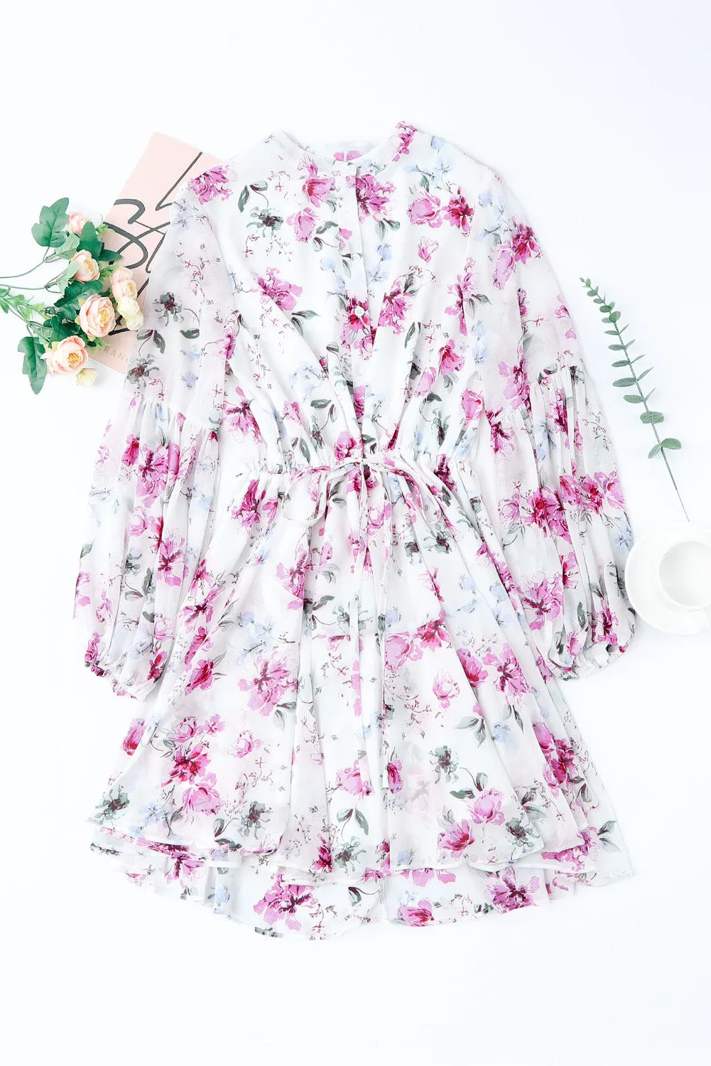 Women's Long Sleeve Ruffle Dress Floral Flowy Boho Mini Short Beach Dress