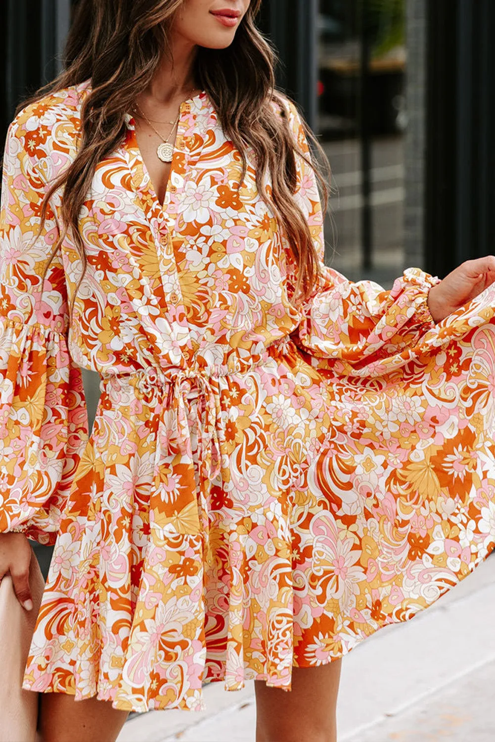 Women's Long Sleeve Ruffle Dress Floral Flowy Boho Mini Short Beach Dress