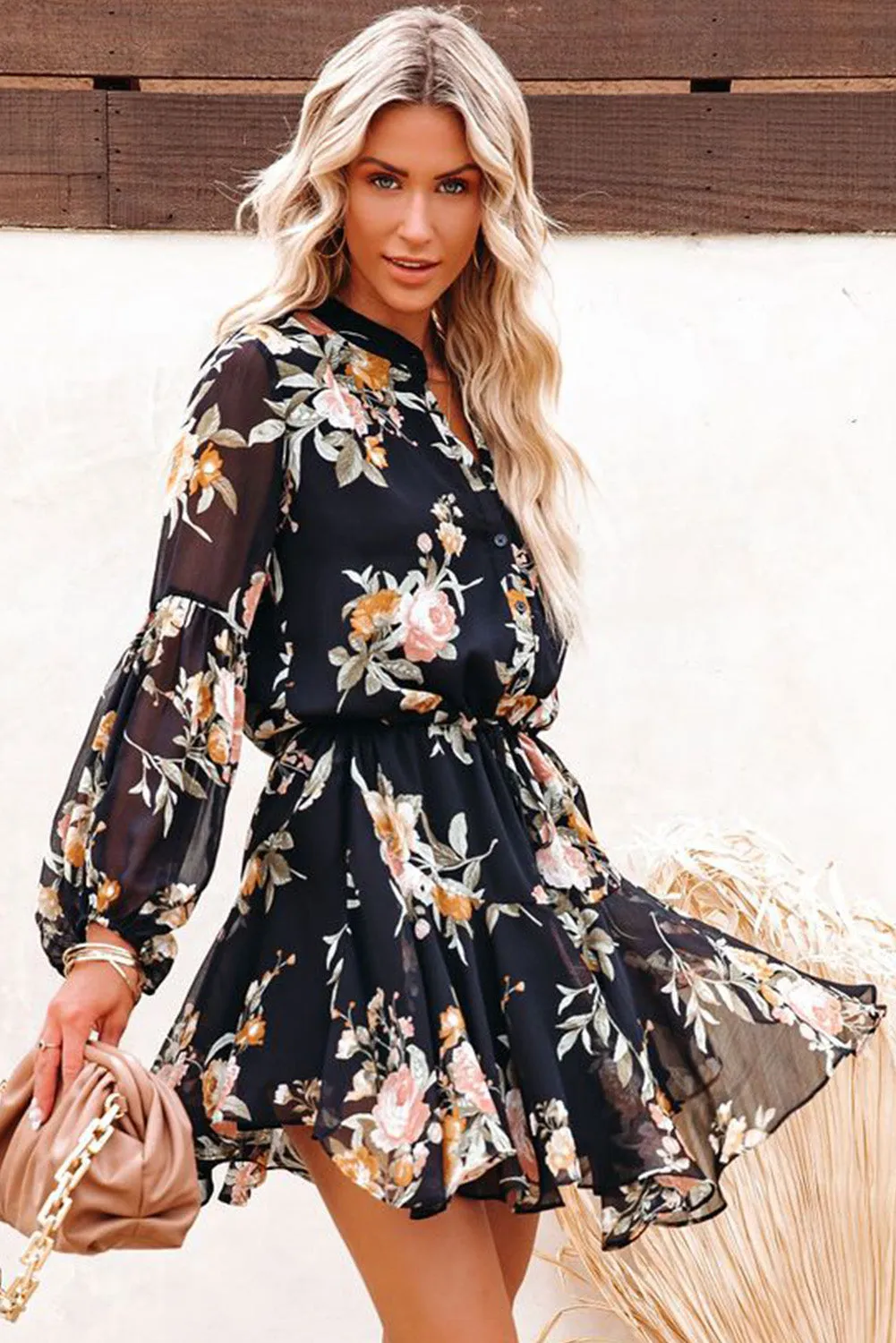 Women's Long Sleeve Ruffle Dress Floral Flowy Boho Mini Short Beach Dress