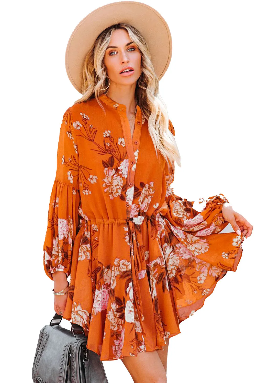 Women's Long Sleeve Ruffle Dress Floral Flowy Boho Mini Short Beach Dress