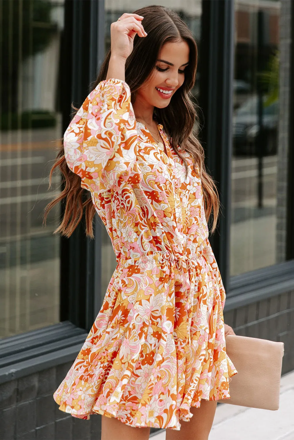 Women's Long Sleeve Ruffle Dress Floral Flowy Boho Mini Short Beach Dress