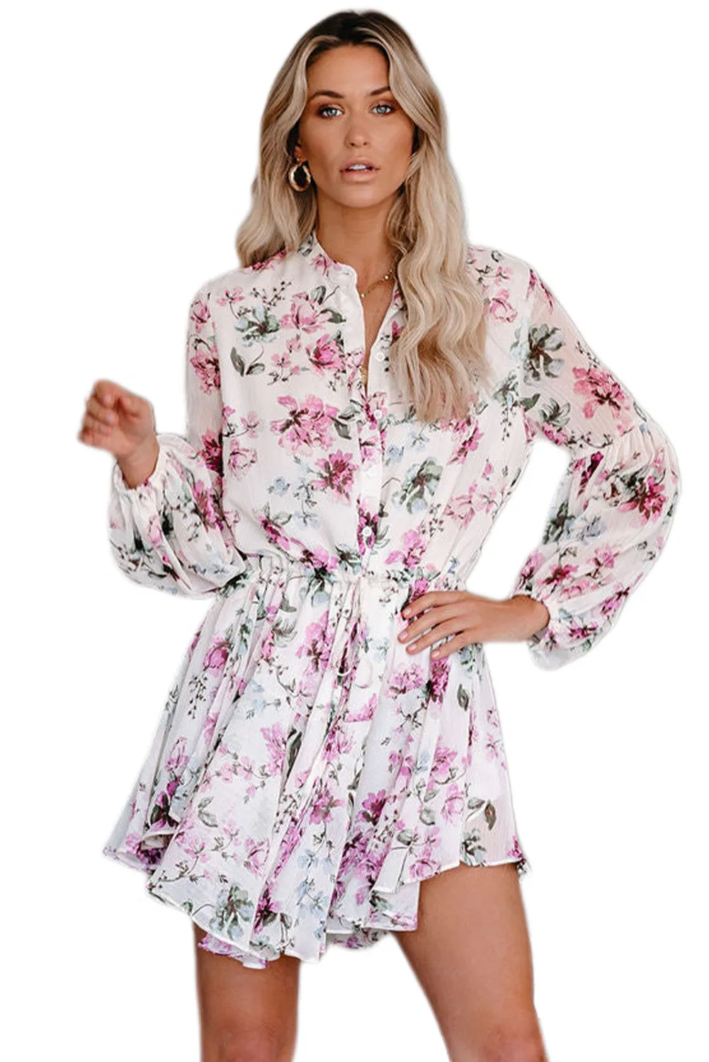 Women's Long Sleeve Ruffle Dress Floral Flowy Boho Mini Short Beach Dress