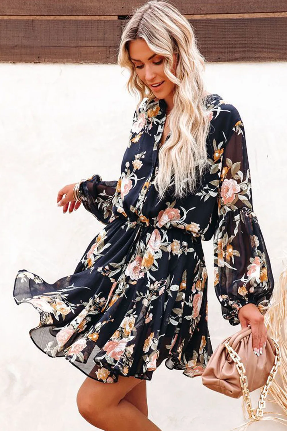 Women's Long Sleeve Ruffle Dress Floral Flowy Boho Mini Short Beach Dress