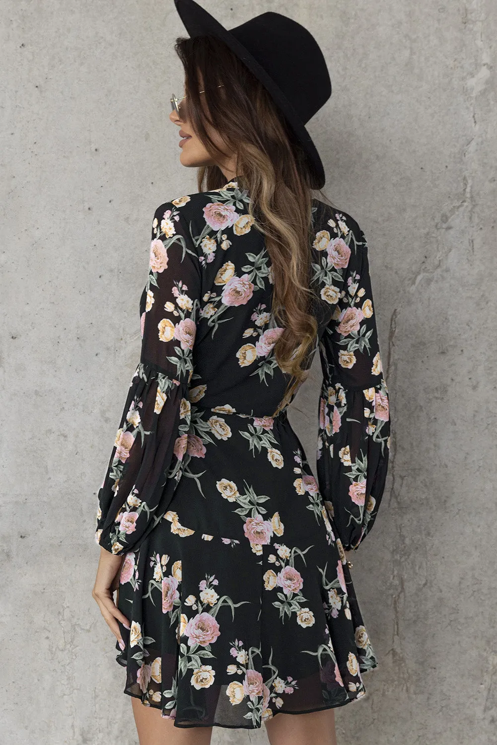 Women's Long Sleeve Ruffle Dress Floral Flowy Boho Mini Short Beach Dress