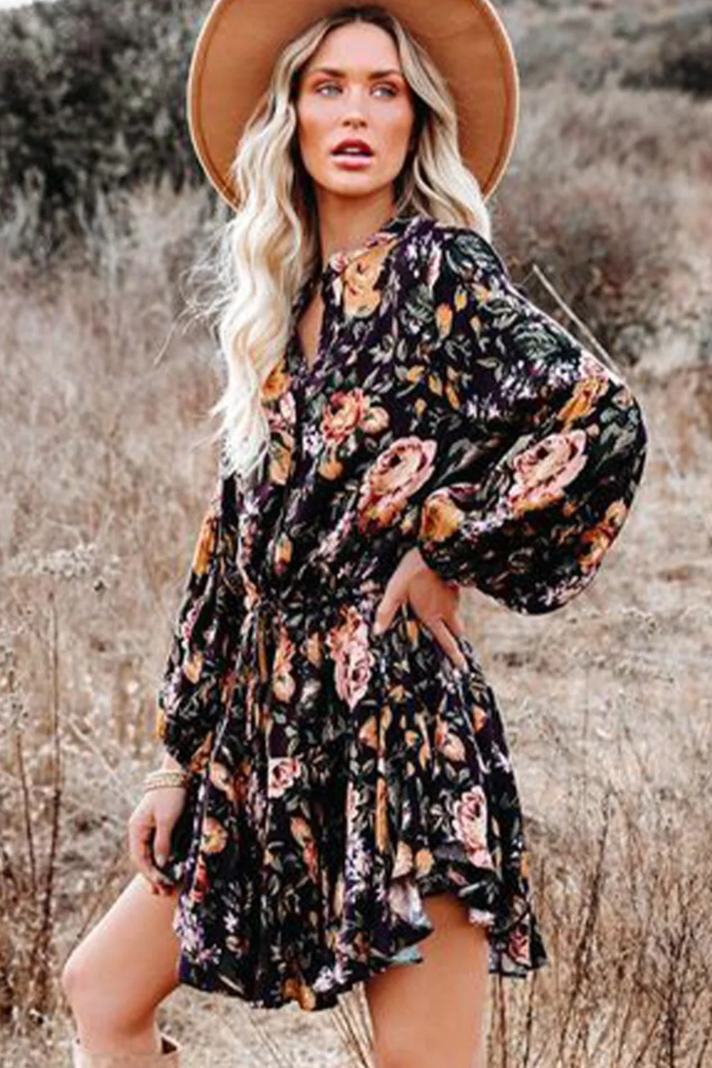 Women's Long Sleeve Ruffle Dress Floral Flowy Boho Mini Short Beach Dress