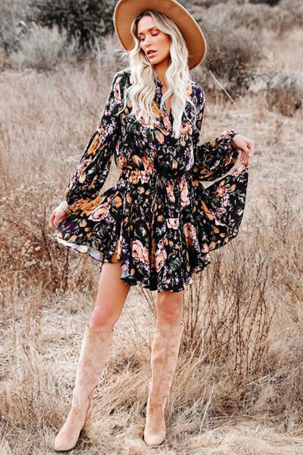 Women's Long Sleeve Ruffle Dress Floral Flowy Boho Mini Short Beach Dress