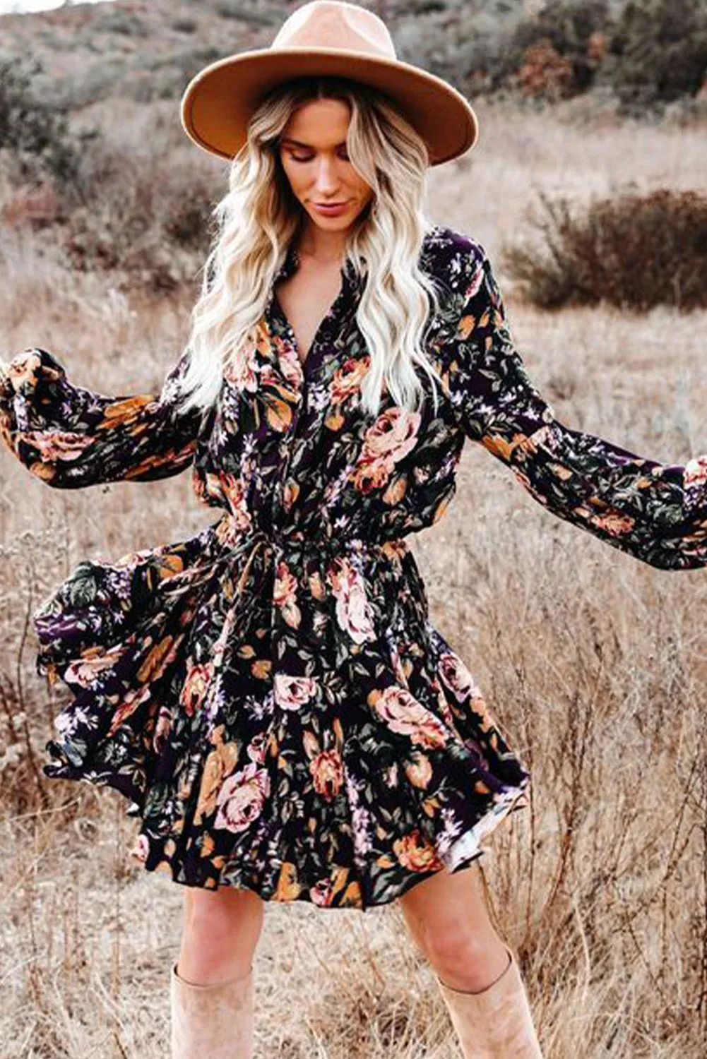 Women's Long Sleeve Ruffle Dress Floral Flowy Boho Mini Short Beach Dress