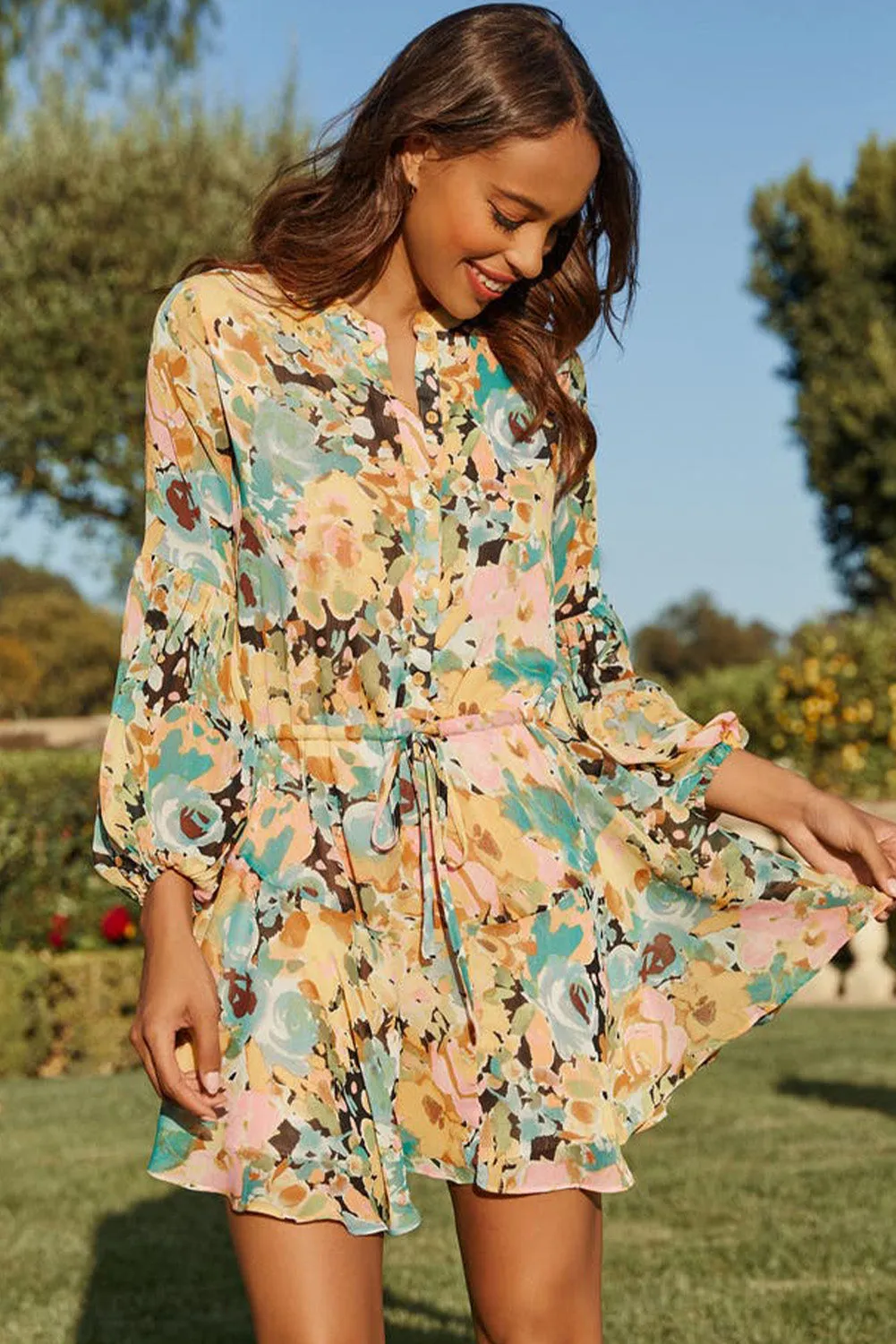 Women's Long Sleeve Ruffle Dress Floral Flowy Boho Mini Short Beach Dress