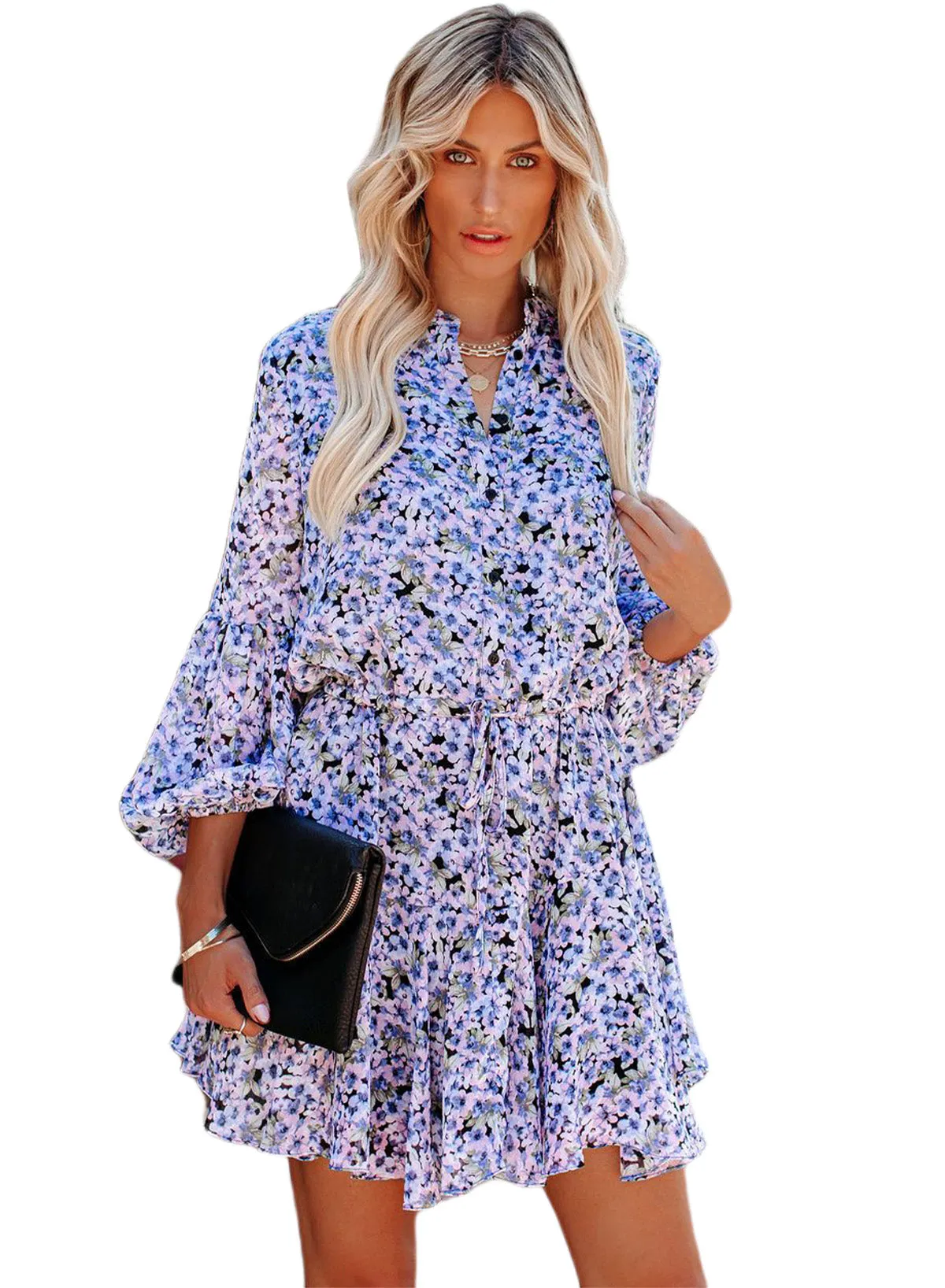 Women's Long Sleeve Ruffle Dress Floral Flowy Boho Mini Short Beach Dress