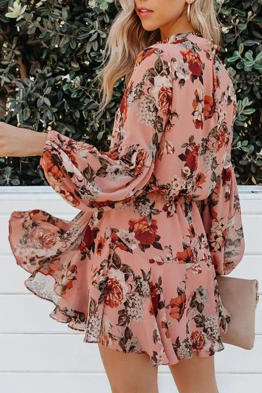 Women's Long Sleeve Ruffle Dress Floral Flowy Boho Mini Short Beach Dress