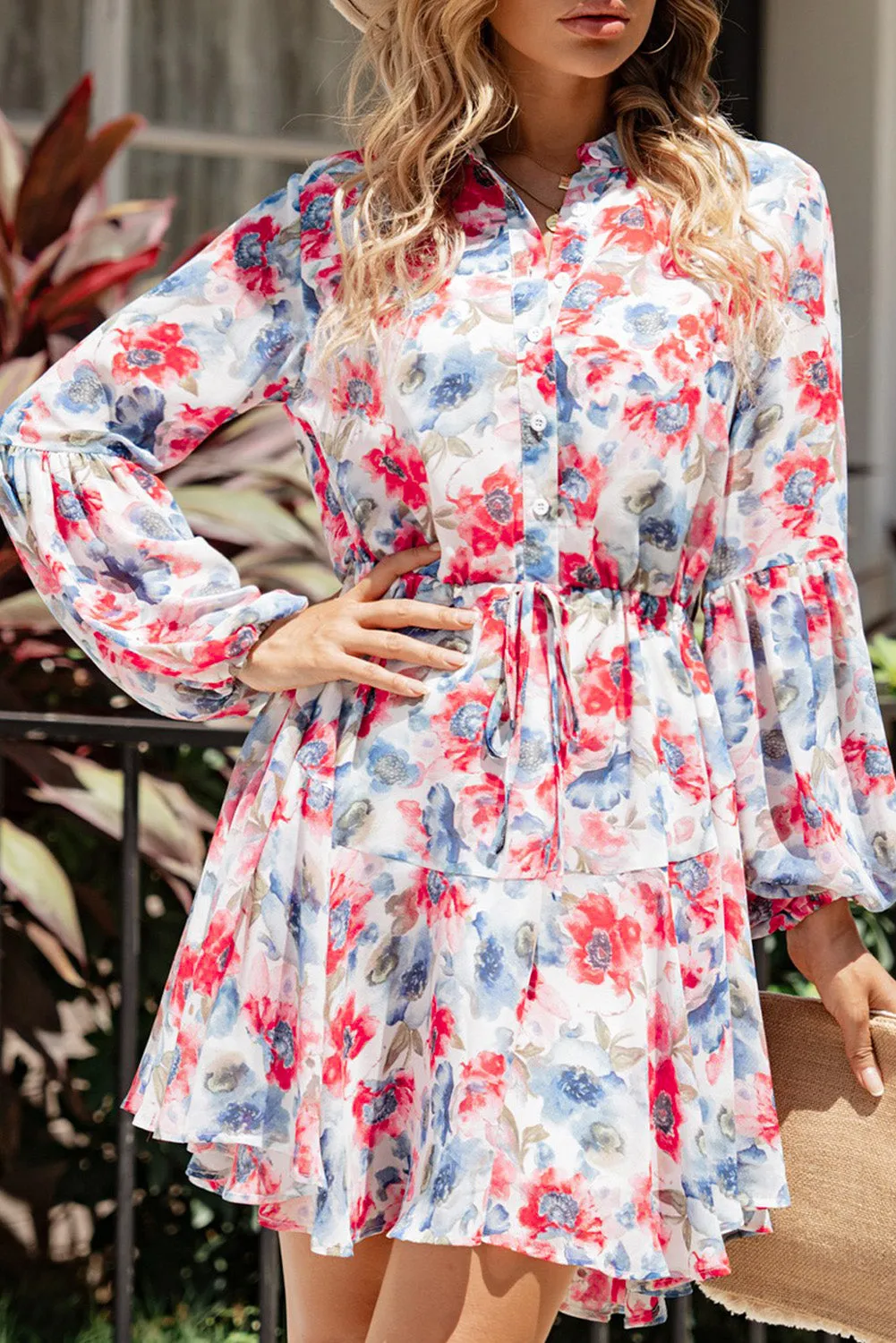 Women's Long Sleeve Ruffle Dress Floral Flowy Boho Mini Short Beach Dress