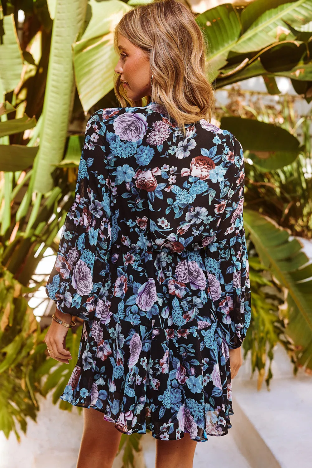 Women's Long Sleeve Ruffle Dress Floral Flowy Boho Mini Short Beach Dress