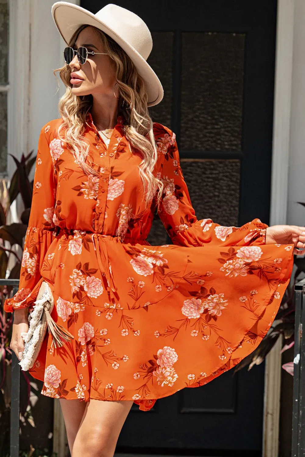Women's Long Sleeve Ruffle Dress Floral Flowy Boho Mini Short Beach Dress