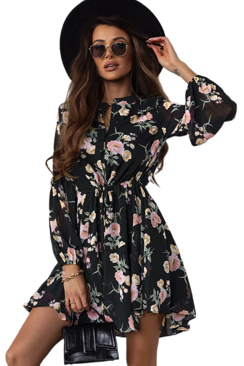 Women's Long Sleeve Ruffle Dress Floral Flowy Boho Mini Short Beach Dress