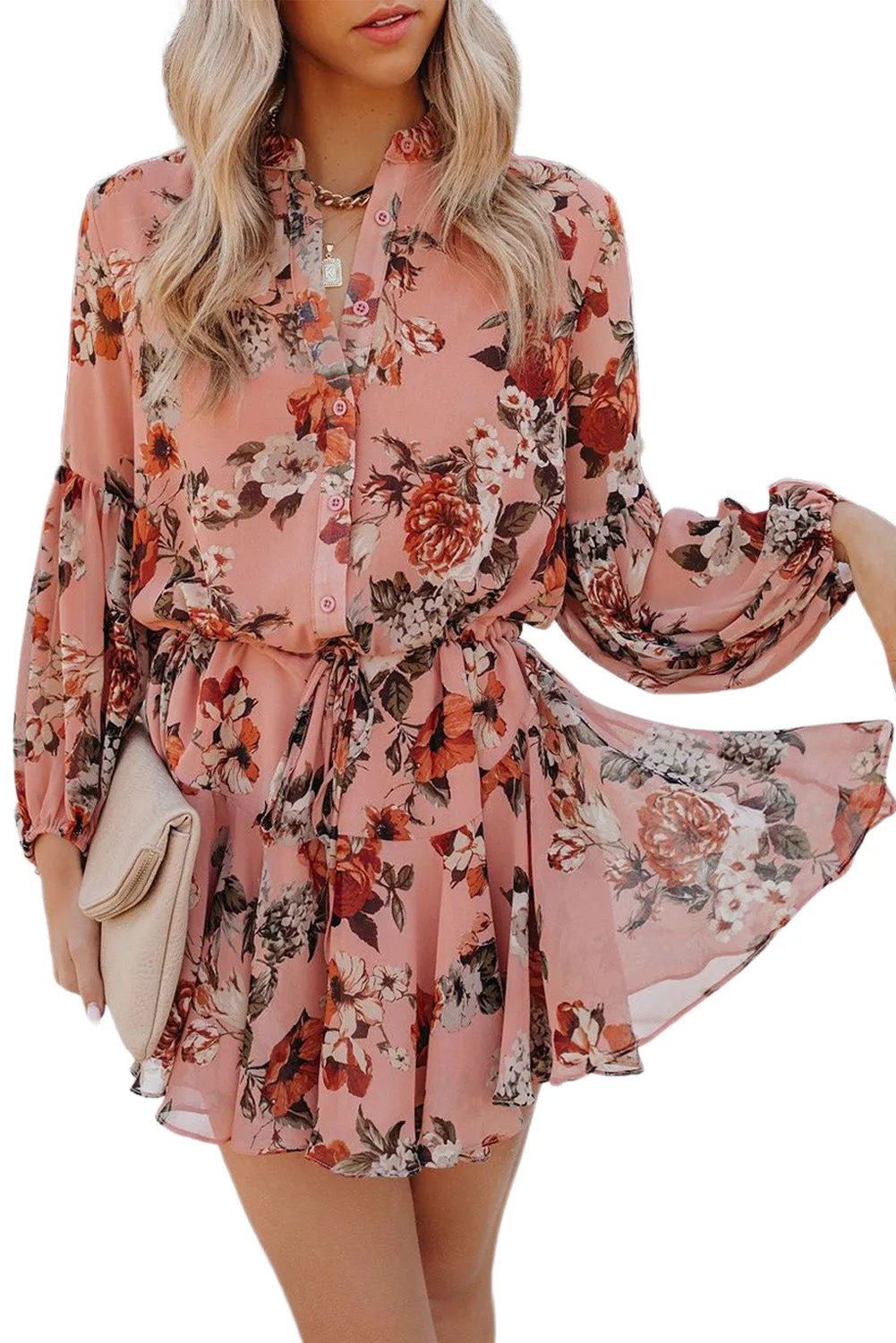 Women's Long Sleeve Ruffle Dress Floral Flowy Boho Mini Short Beach Dress