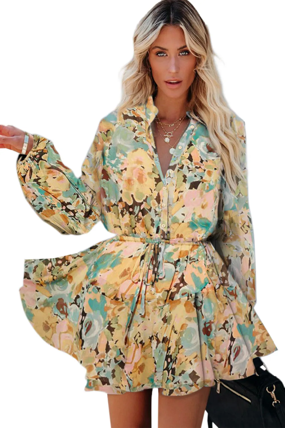 Women's Long Sleeve Ruffle Dress Floral Flowy Boho Mini Short Beach Dress