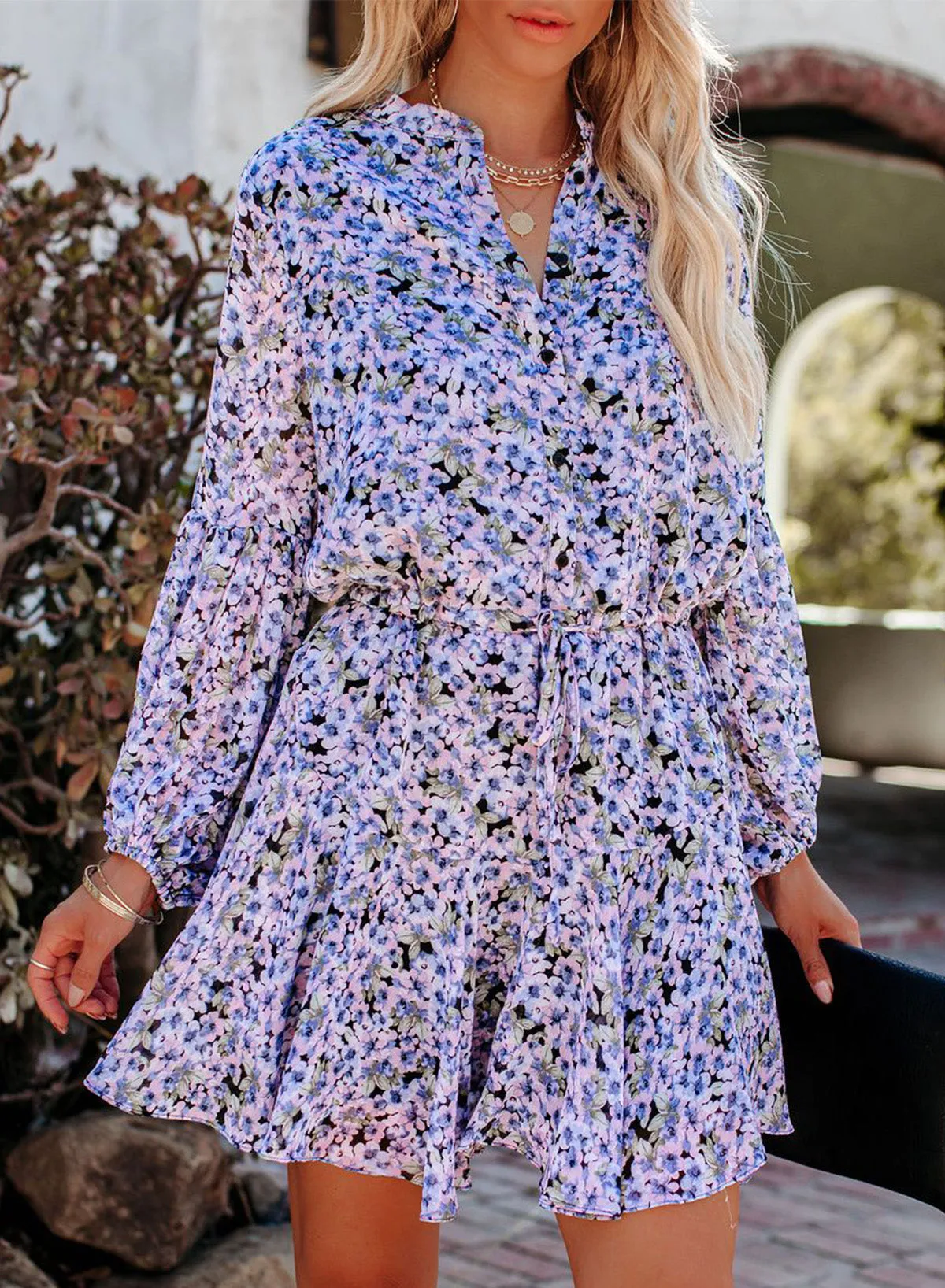 Women's Long Sleeve Ruffle Dress Floral Flowy Boho Mini Short Beach Dress