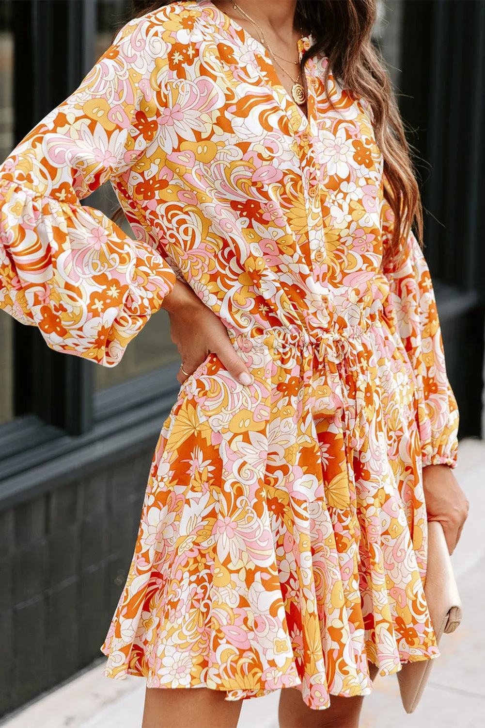 Women's Long Sleeve Ruffle Dress Floral Flowy Boho Mini Short Beach Dress