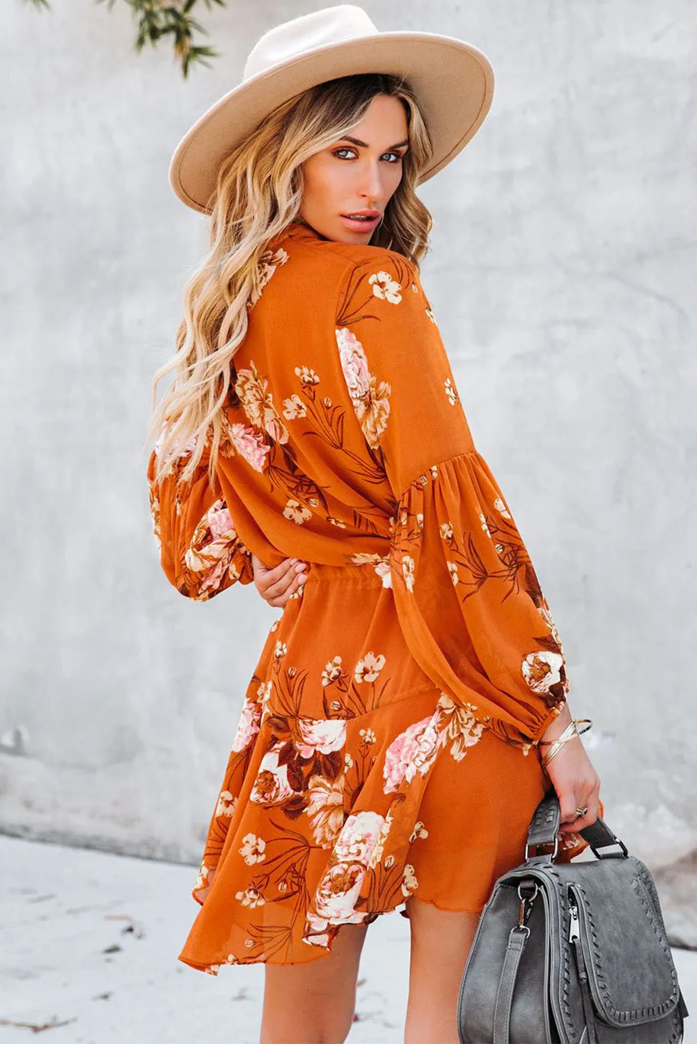 Women's Long Sleeve Ruffle Dress Floral Flowy Boho Mini Short Beach Dress