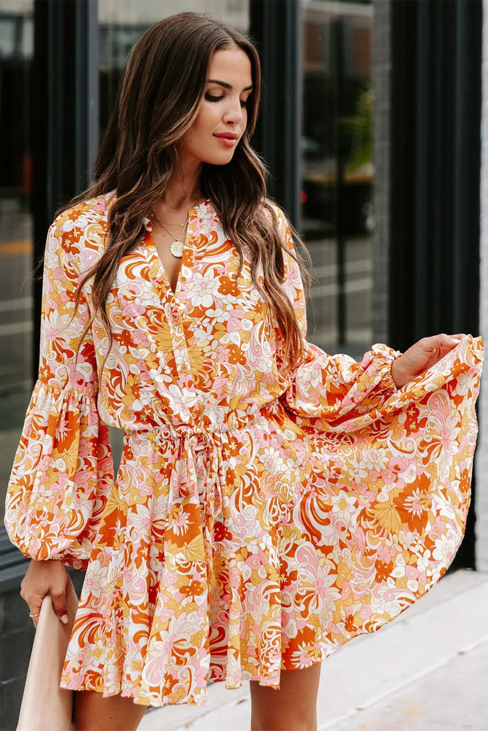 Women's Long Sleeve Ruffle Dress Floral Flowy Boho Mini Short Beach Dress