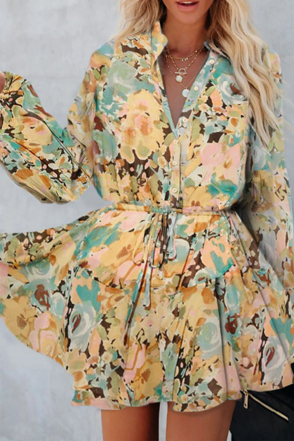 Women's Long Sleeve Ruffle Dress Floral Flowy Boho Mini Short Beach Dress