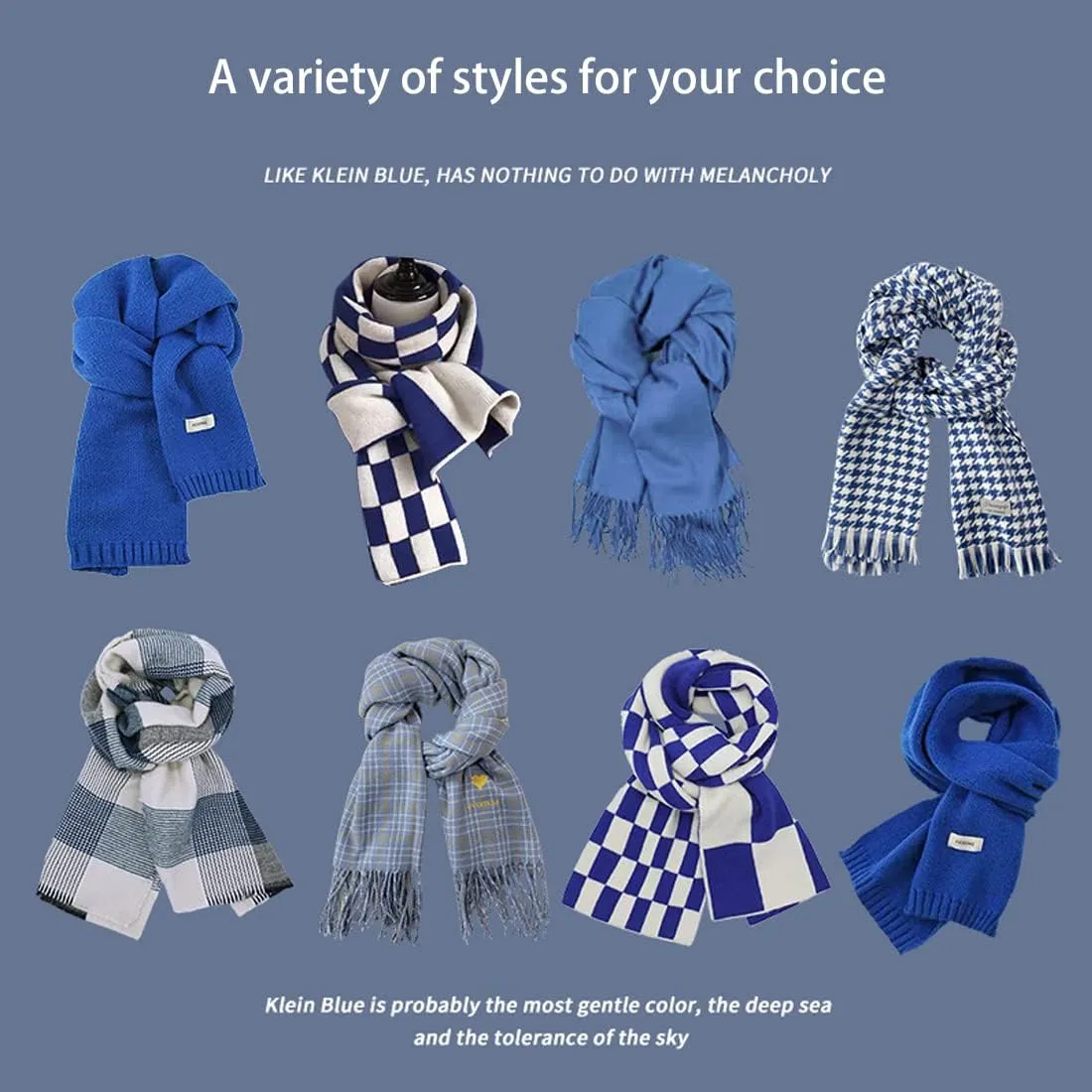 Women's Men's Klein Blue Plaid Thick Christmas Scarf,Trendy Versatile Scarfs Shawl for New Year Daily Travel.