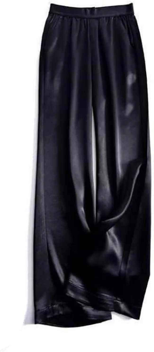 Women's Silk Wide Leg Pants, Loose Comfortable Straight Leg Casual Trousers, High Waist Elastic Waistband Long Pants