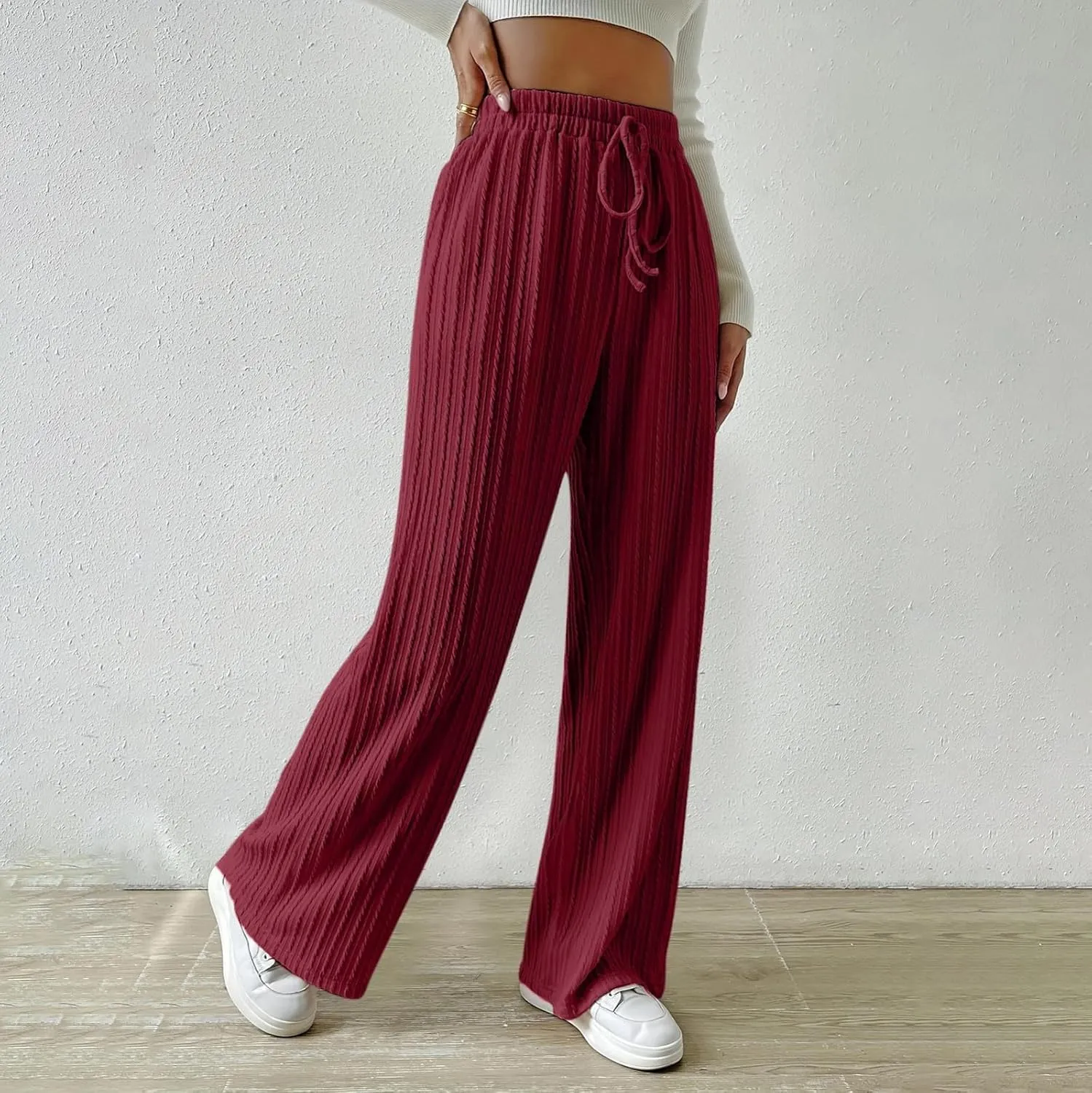 Womens Soft Knited Sweatpants Straight Leg Loose Lounge Trousers Casual Elastic Waist Work Sports Pants