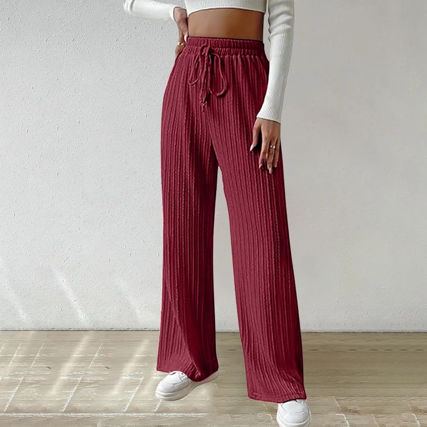 Womens Soft Knited Sweatpants Straight Leg Loose Lounge Trousers Casual Elastic Waist Work Sports Pants