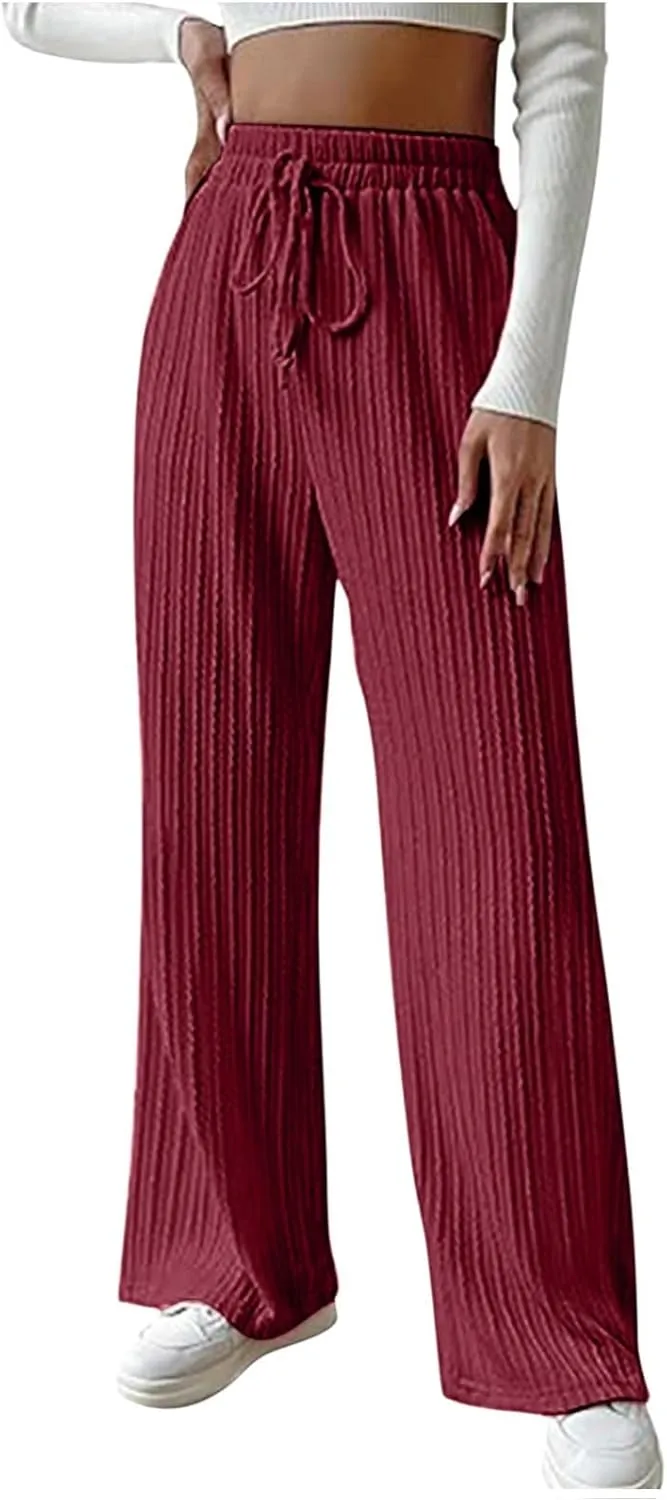 Womens Soft Knited Sweatpants Straight Leg Loose Lounge Trousers Casual Elastic Waist Work Sports Pants