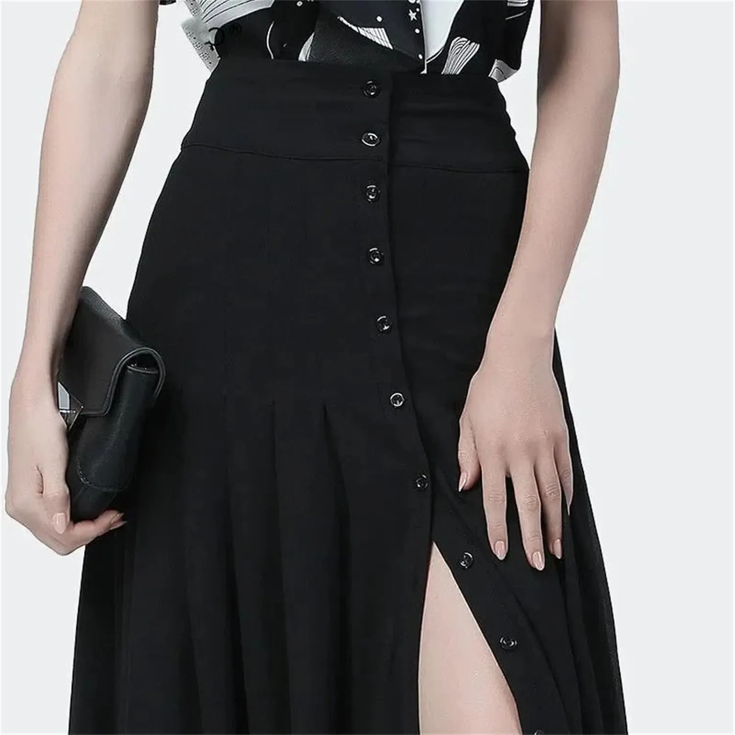 Women's Summer Chiffon Pleated Skirt High Waist Slim Fit A-Line Over-The-Knee Slit Casual Party Skirt