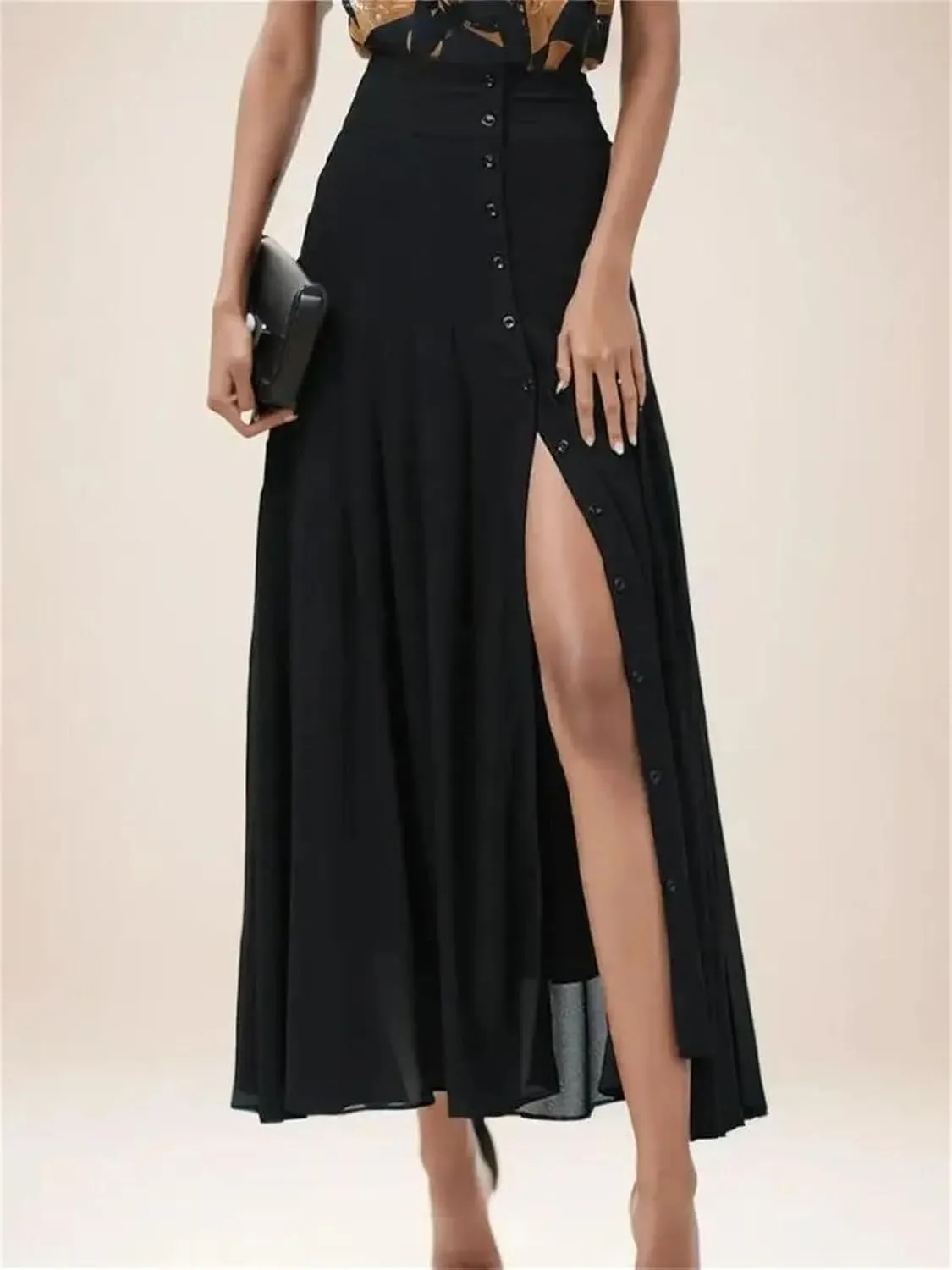 Women's Summer Chiffon Pleated Skirt High Waist Slim Fit A-Line Over-The-Knee Slit Casual Party Skirt