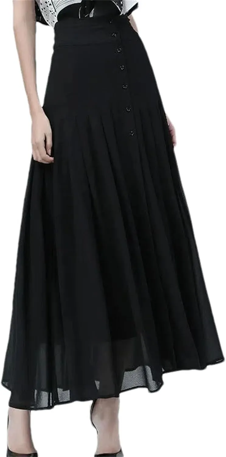 Women's Summer Chiffon Pleated Skirt High Waist Slim Fit A-Line Over-The-Knee Slit Casual Party Skirt