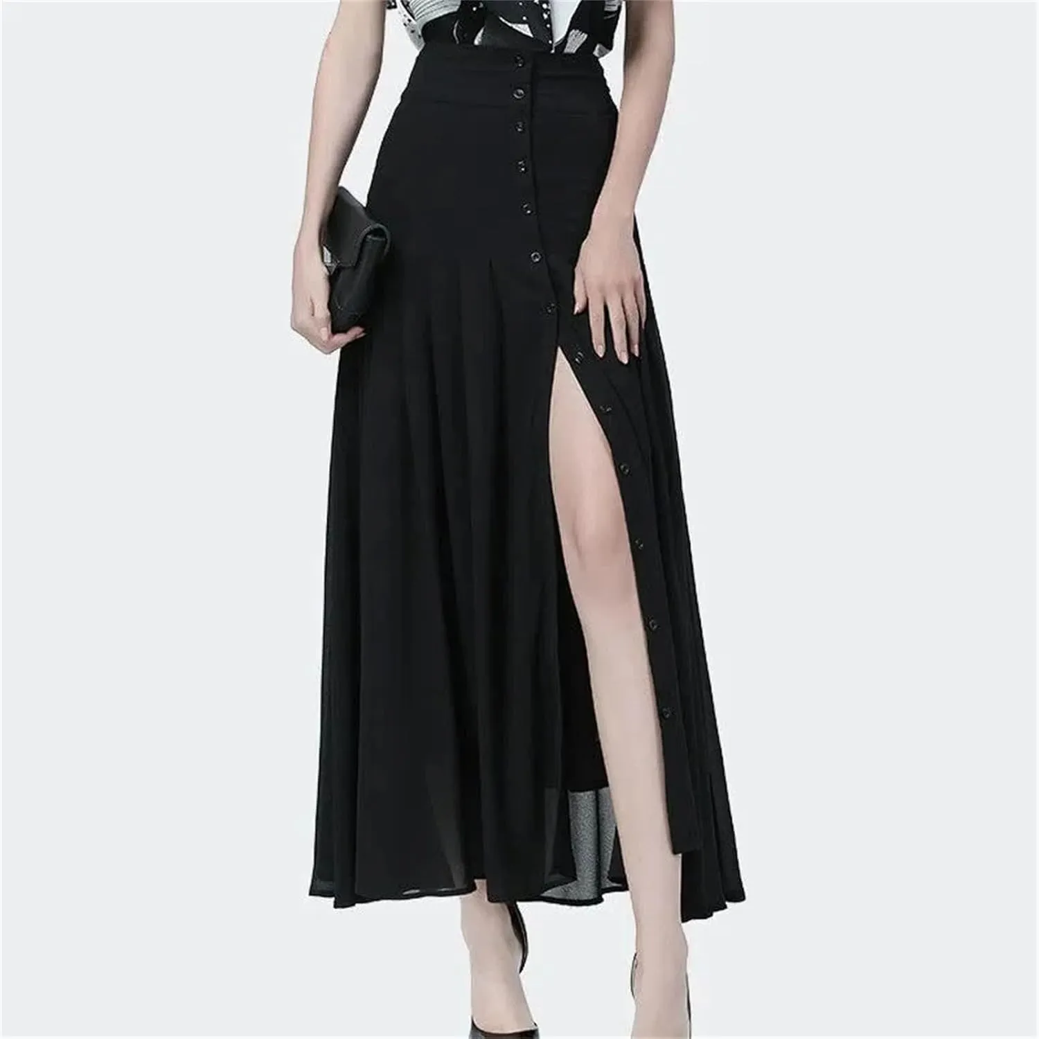 Women's Summer Chiffon Pleated Skirt High Waist Slim Fit A-Line Over-The-Knee Slit Casual Party Skirt