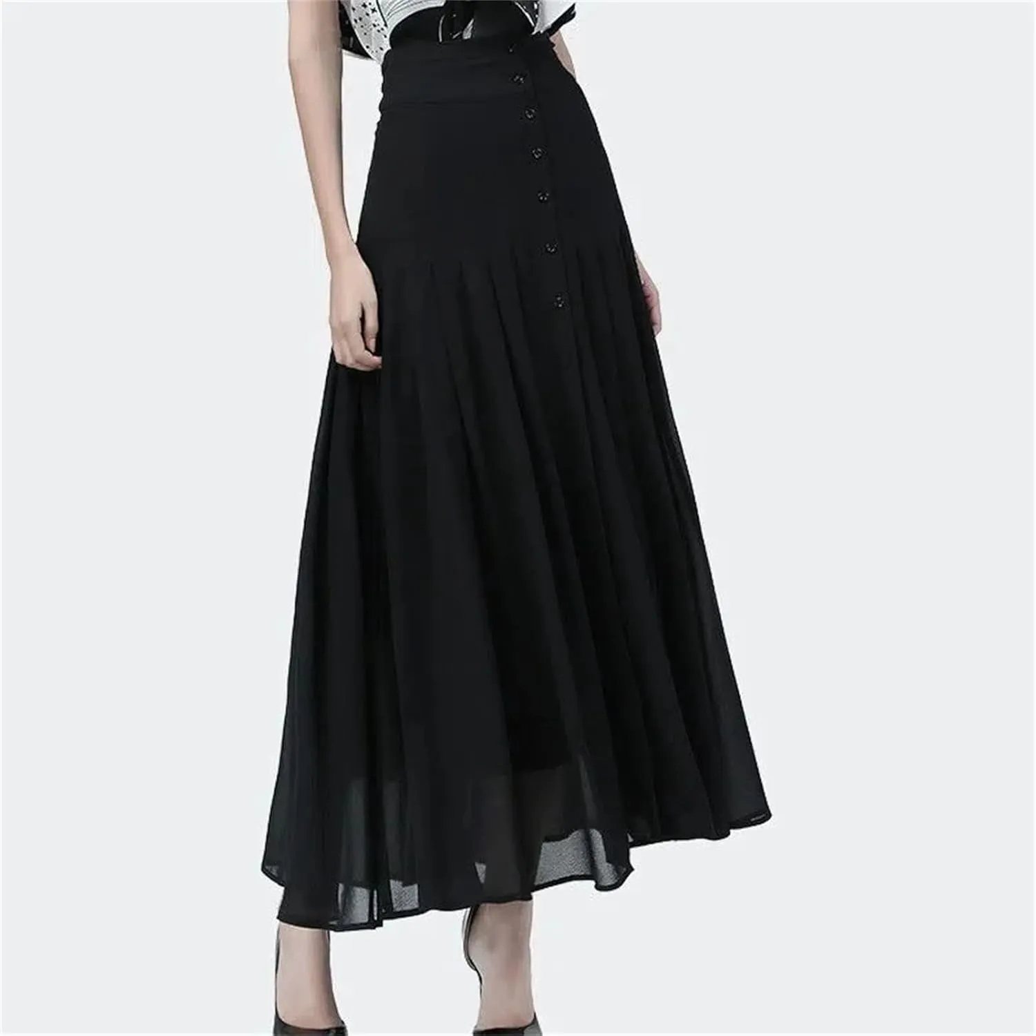 Women's Summer Chiffon Pleated Skirt High Waist Slim Fit A-Line Over-The-Knee Slit Casual Party Skirt