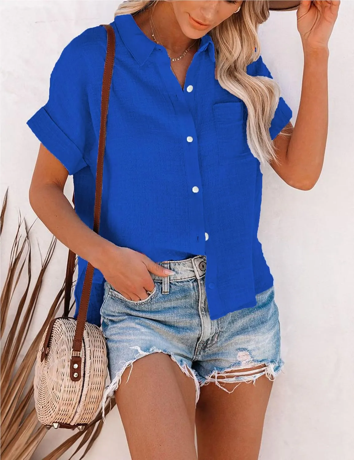 Womens Summer Cotton Linen Short Sleeve Button Down Shirt Collared V-Neck Loose Fit Blouse Beach Office Tops