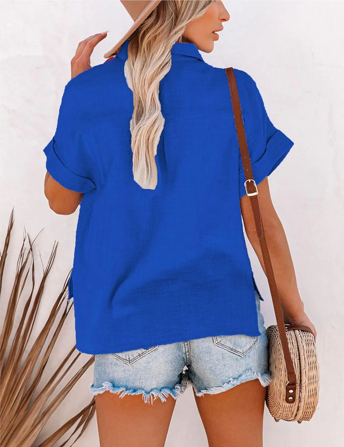 Womens Summer Cotton Linen Short Sleeve Button Down Shirt Collared V-Neck Loose Fit Blouse Beach Office Tops