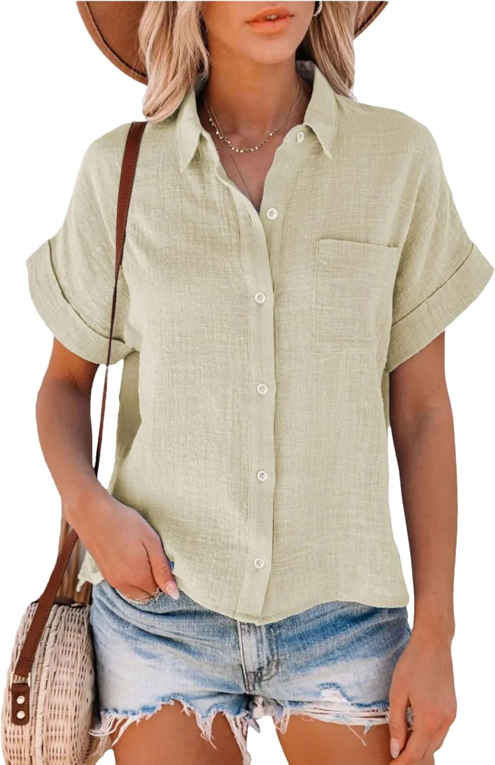 Womens Summer Cotton Linen Short Sleeve Button Down Shirt Collared V-Neck Loose Fit Blouse Beach Office Tops