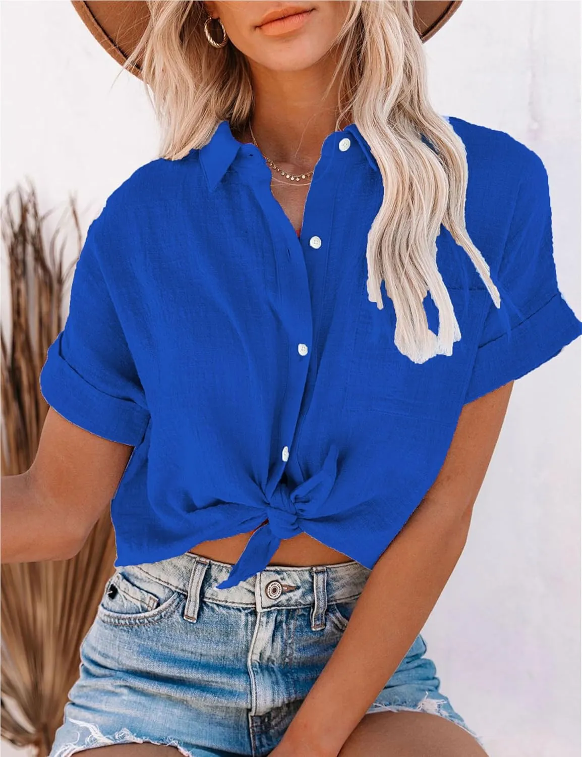 Womens Summer Cotton Linen Short Sleeve Button Down Shirt Collared V-Neck Loose Fit Blouse Beach Office Tops
