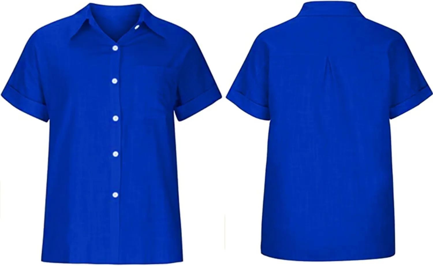 Womens Summer Cotton Linen Short Sleeve Button Down Shirt Collared V-Neck Loose Fit Blouse Beach Office Tops