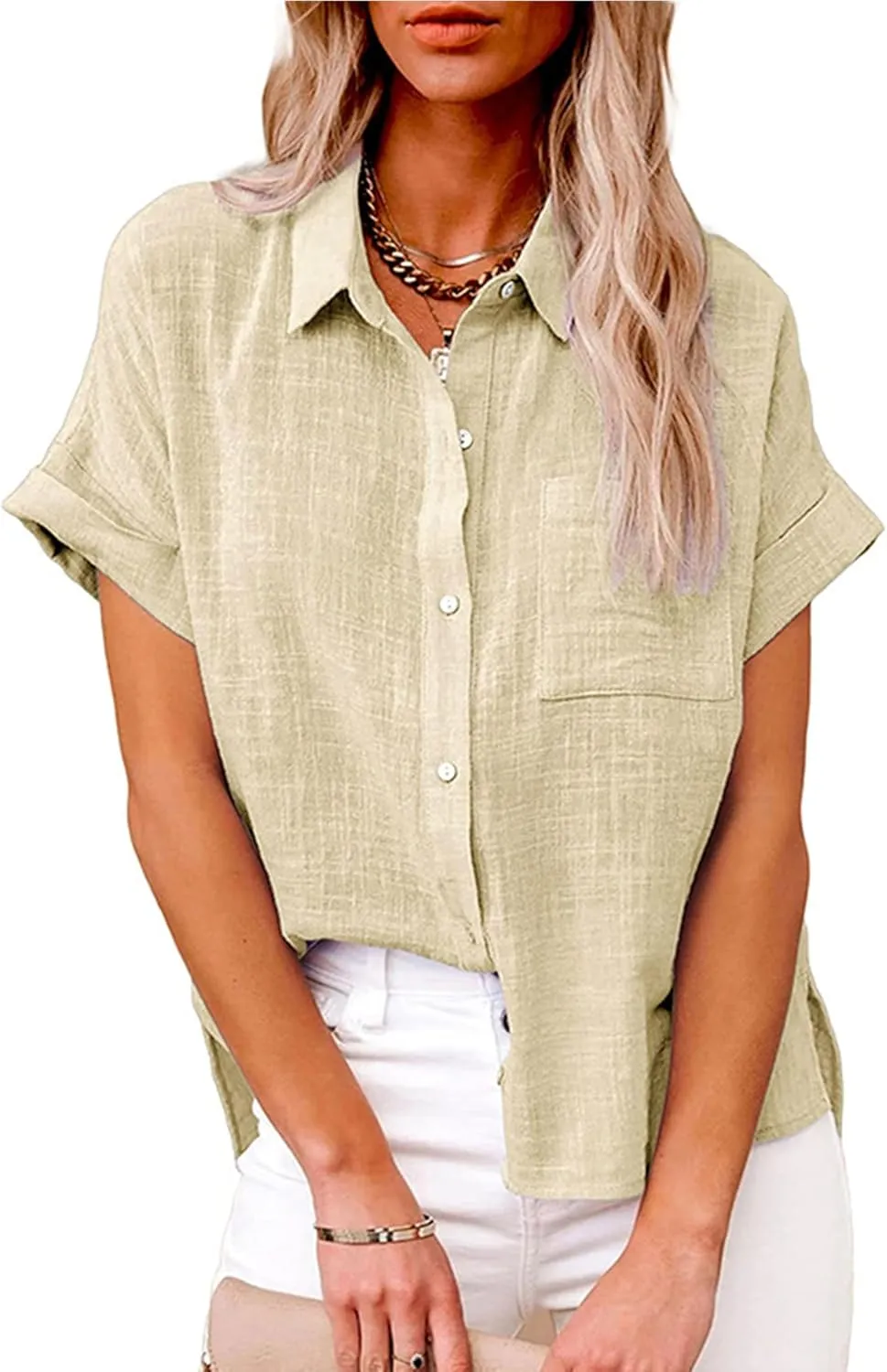 Womens Summer Cotton Linen Short Sleeve Button Down Shirt Collared V-Neck Loose Fit Blouse Beach Office Tops