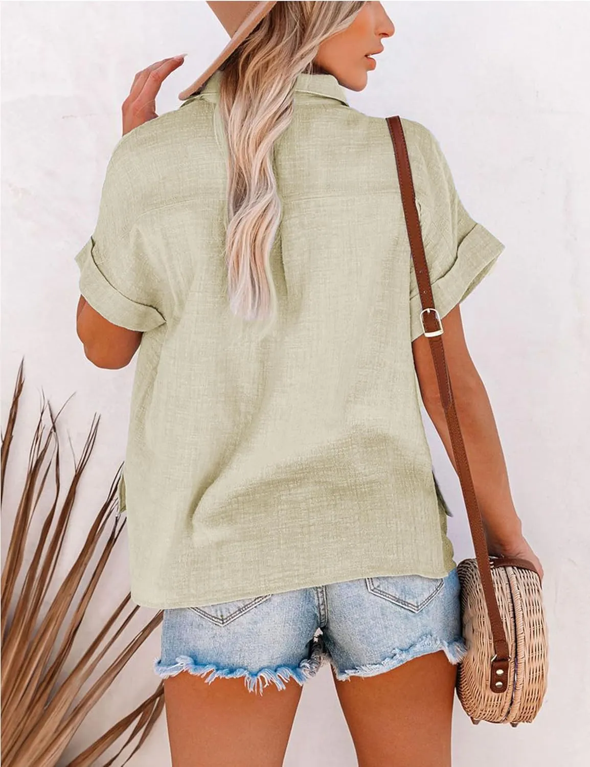 Womens Summer Cotton Linen Short Sleeve Button Down Shirt Collared V-Neck Loose Fit Blouse Beach Office Tops