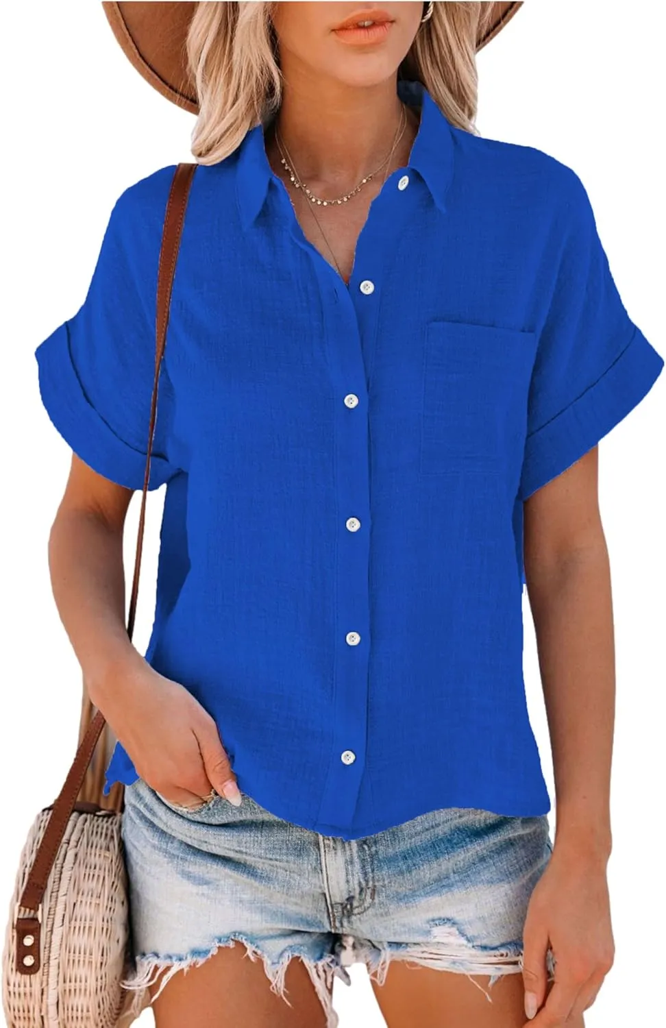 Womens Summer Cotton Linen Short Sleeve Button Down Shirt Collared V-Neck Loose Fit Blouse Beach Office Tops