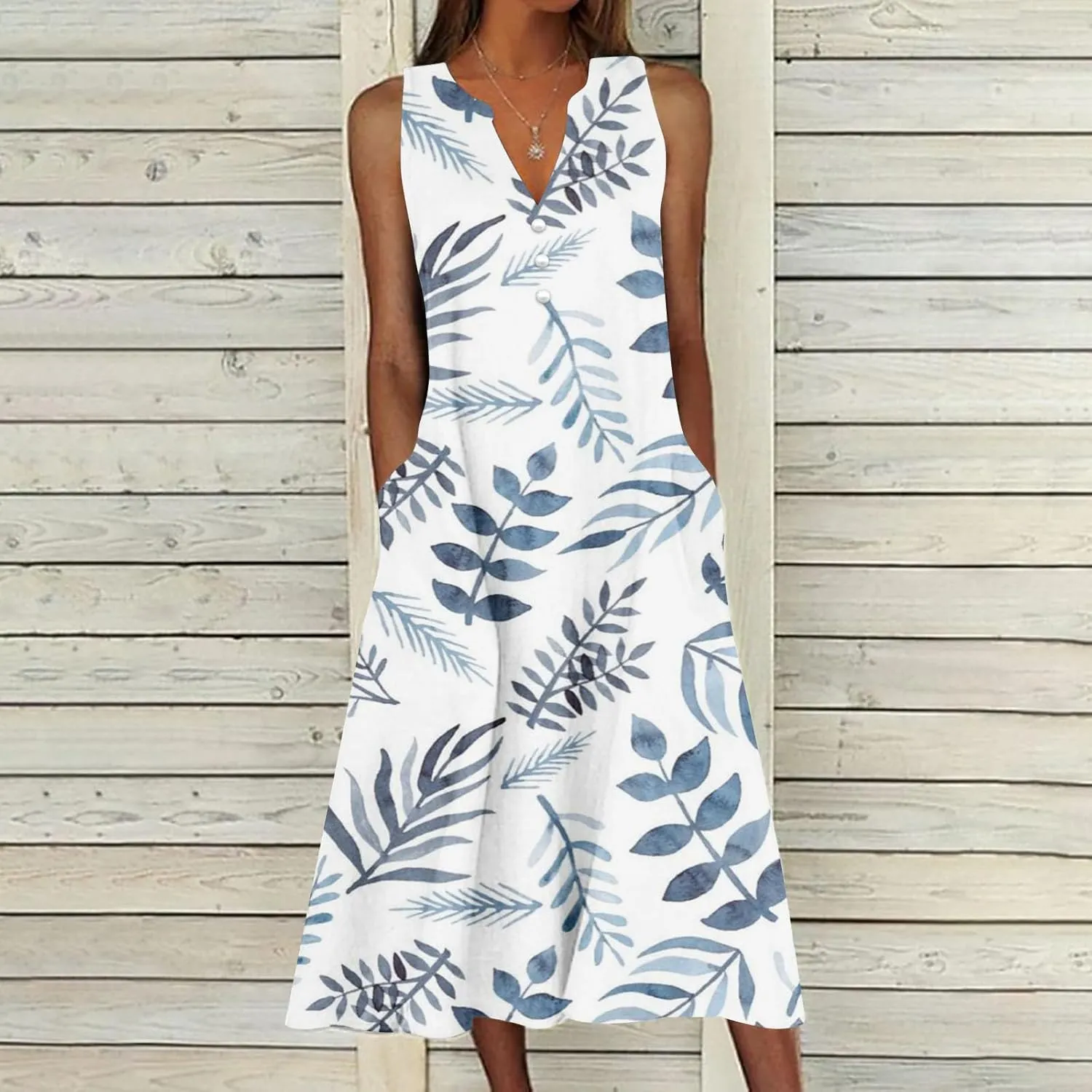 Womens Summer Design Casual Dress Fashion Floral Printed Sleeveless Button V-Neck 2025 Dress Long Dress with Pockets