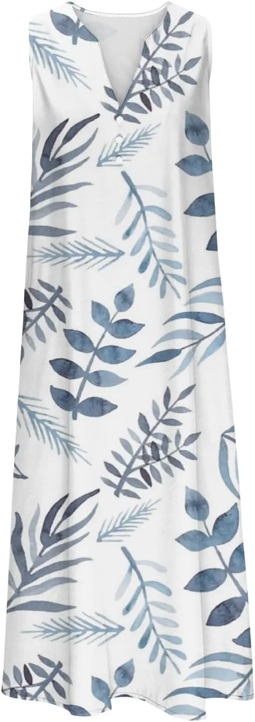 Womens Summer Design Casual Dress Fashion Floral Printed Sleeveless Button V-Neck 2025 Dress Long Dress with Pockets